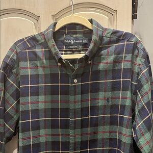 Ralph Lauren Men's Navy and Green Plaid Shirt